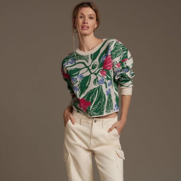 Maeve by Anthropologie Cropped Crewneck Patterned Sweater - Picture 1 of 3